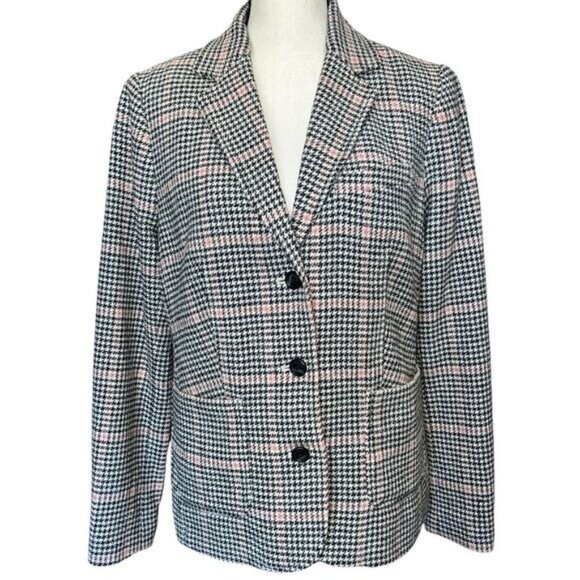 LL Bean Blazer Bellandi Black Houndstooth Print Lined Italian Wool Womens Sz M - Picture 1 of 12